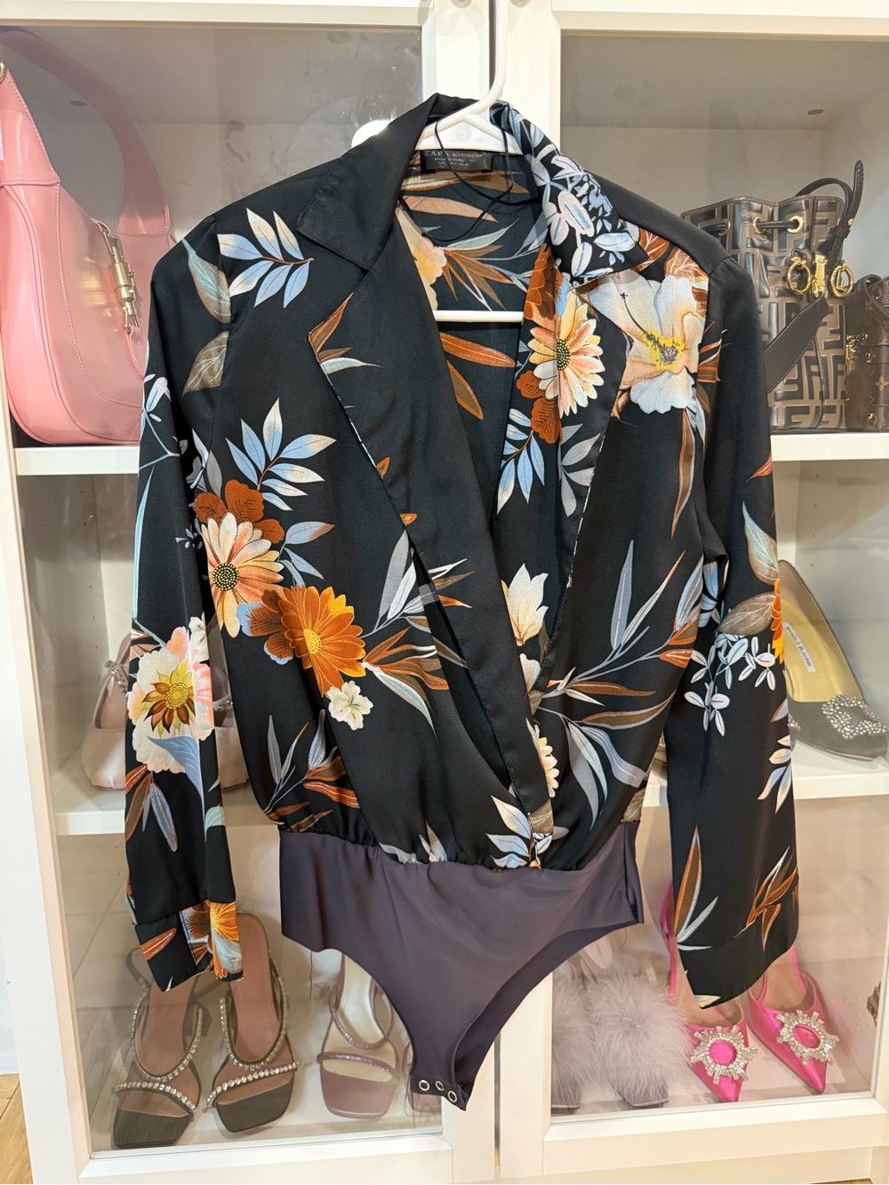 Zara Black Floral Wrap Bodysuit with Orange and Cream Blooms - Picture 2 of 4